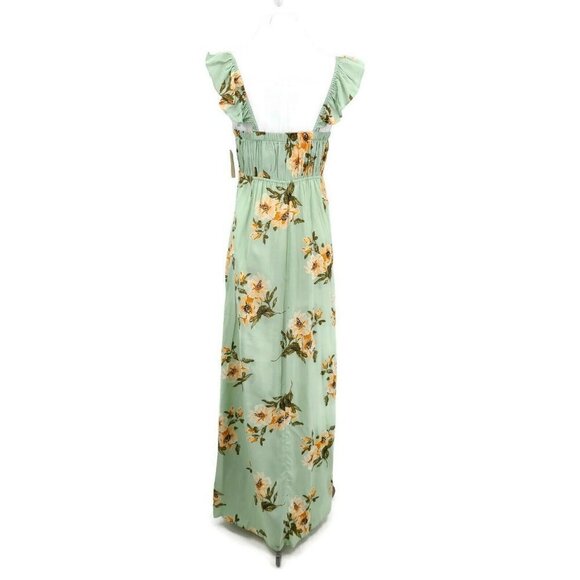 New Flynn Skye Bardot Maxi Dress Womens M Mint Gatherings Slit Rayon Green Flora - Picture 3 of 7